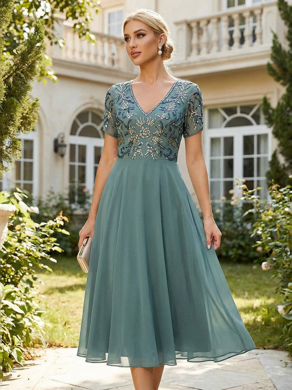 Lightweight Tea-Length Chiffon Short Sleeves Mother of the Bride & Groom Dresses with Floral Sequin Bodice