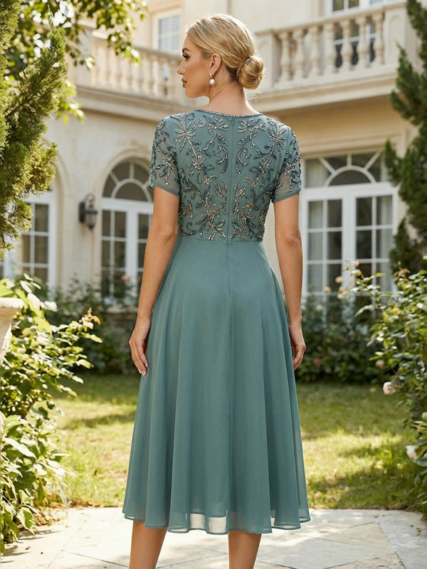 Lightweight Tea-Length Chiffon Short Sleeves Mother of the Bride & Groom Dresses with Floral Sequin Bodice