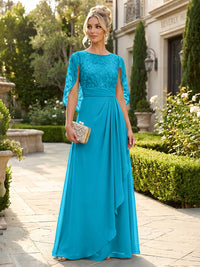 A-Line Chiffon Cape Sleeves Floor-Length Mother of the Bride & Groom Dresses with Floral Sequin Bodice
