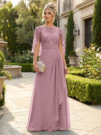 A-Line Chiffon Cape Sleeves Floor-Length Mother of the Bride & Groom Dresses with Floral Sequin Bodice