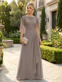 A-Line Chiffon Cape Sleeves Floor-Length Mother of the Bride & Groom Dresses with Floral Sequin Bodice