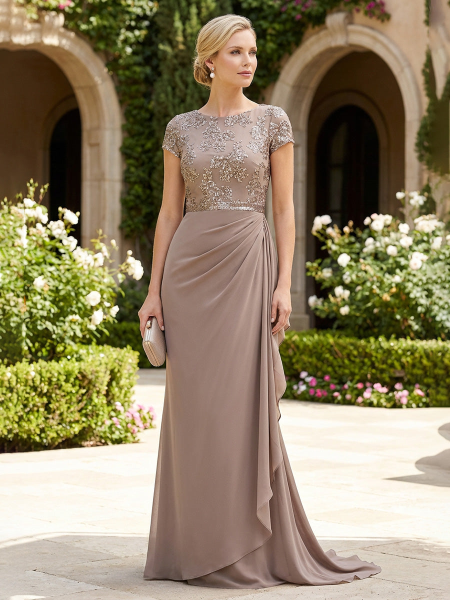 Sheath Chiffon Short Sleeves Floor-Length Mother of the Bride & Groom Dresses with Floral Sequin Bodice & Ruched Ruffles
