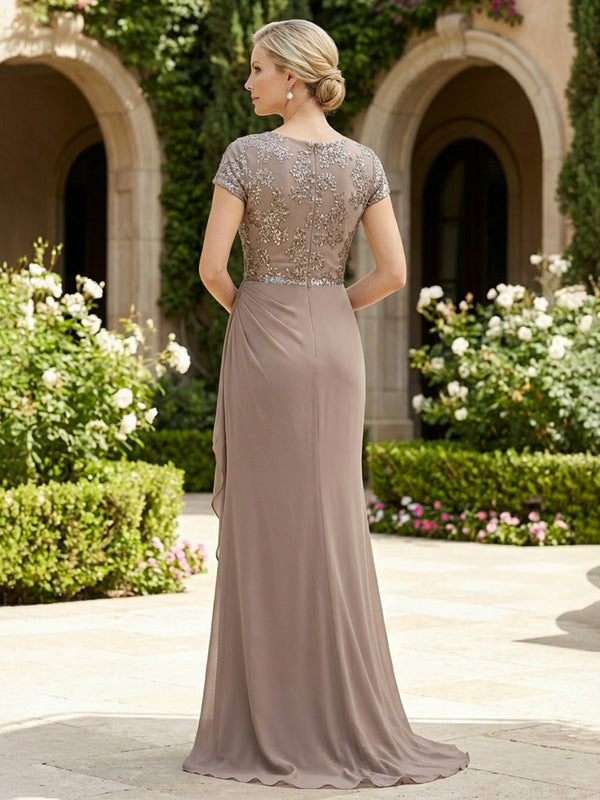 Sheath Chiffon Short Sleeves Floor-Length Mother of the Bride & Groom Dresses with Floral Sequin Bodice & Ruched Ruffles