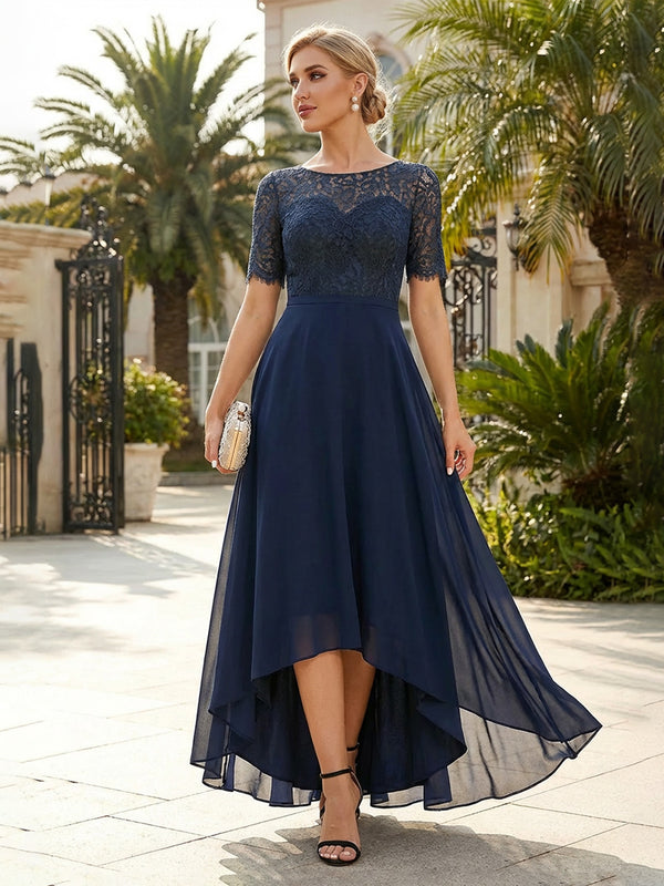 Elegant High-Low Hem Chiffon Short Sleeves Crew Neck Mother of the Bride & Groom Dresses with Lace Bodice