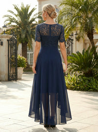 Elegant High-Low Hem Chiffon Short Sleeves Crew Neck Mother of the Bride & Groom Dresses with Lace Bodice