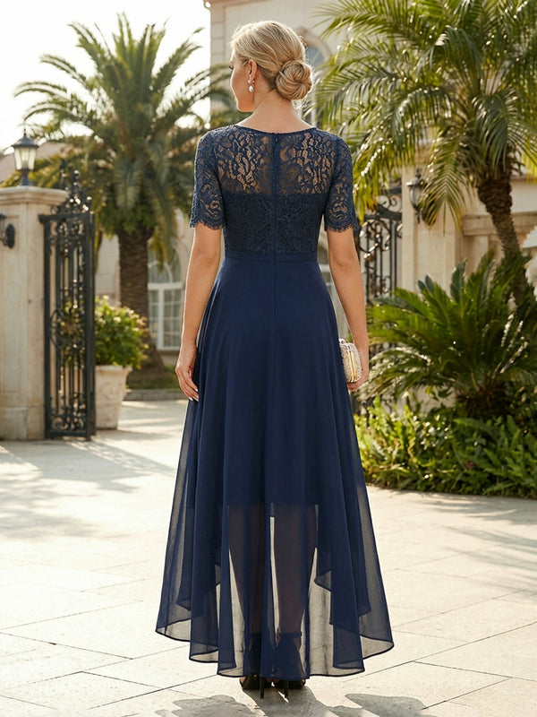 Elegant High-Low Hem Chiffon Short Sleeves Crew Neck Mother of the Bride & Groom Dresses with Lace Bodice