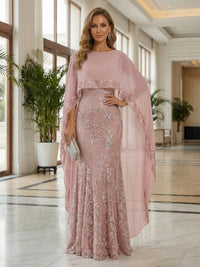 Sheath Tulle Chiffon Cape Sleeves Mother of the Bride & Groom Dresses with Sequin Embellished Lace