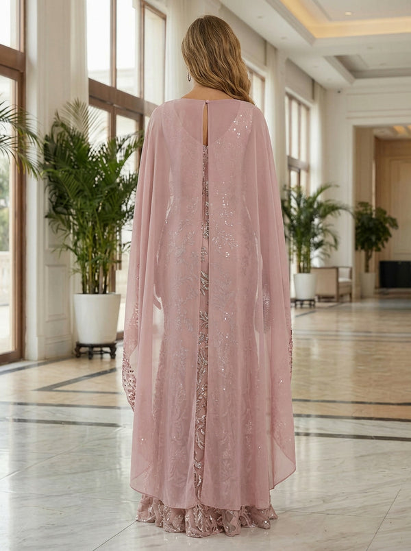 Sheath Tulle Chiffon Cape Sleeves Mother of the Bride & Groom Dresses with Sequin Embellished Lace