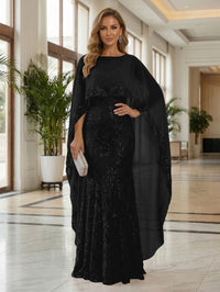 Sheath Tulle Chiffon Cape Sleeves Mother of the Bride & Groom Dresses with Sequin Embellished Lace