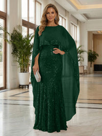 Sheath Tulle Chiffon Cape Sleeves Mother of the Bride & Groom Dresses with Sequin Embellished Lace