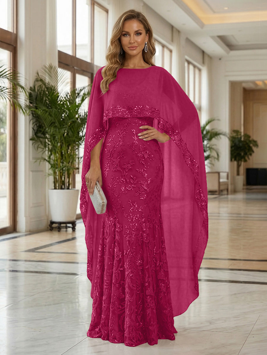 Sheath Tulle Chiffon Cape Sleeves Mother of the Bride & Groom Dresses with Sequin Embellished Lace