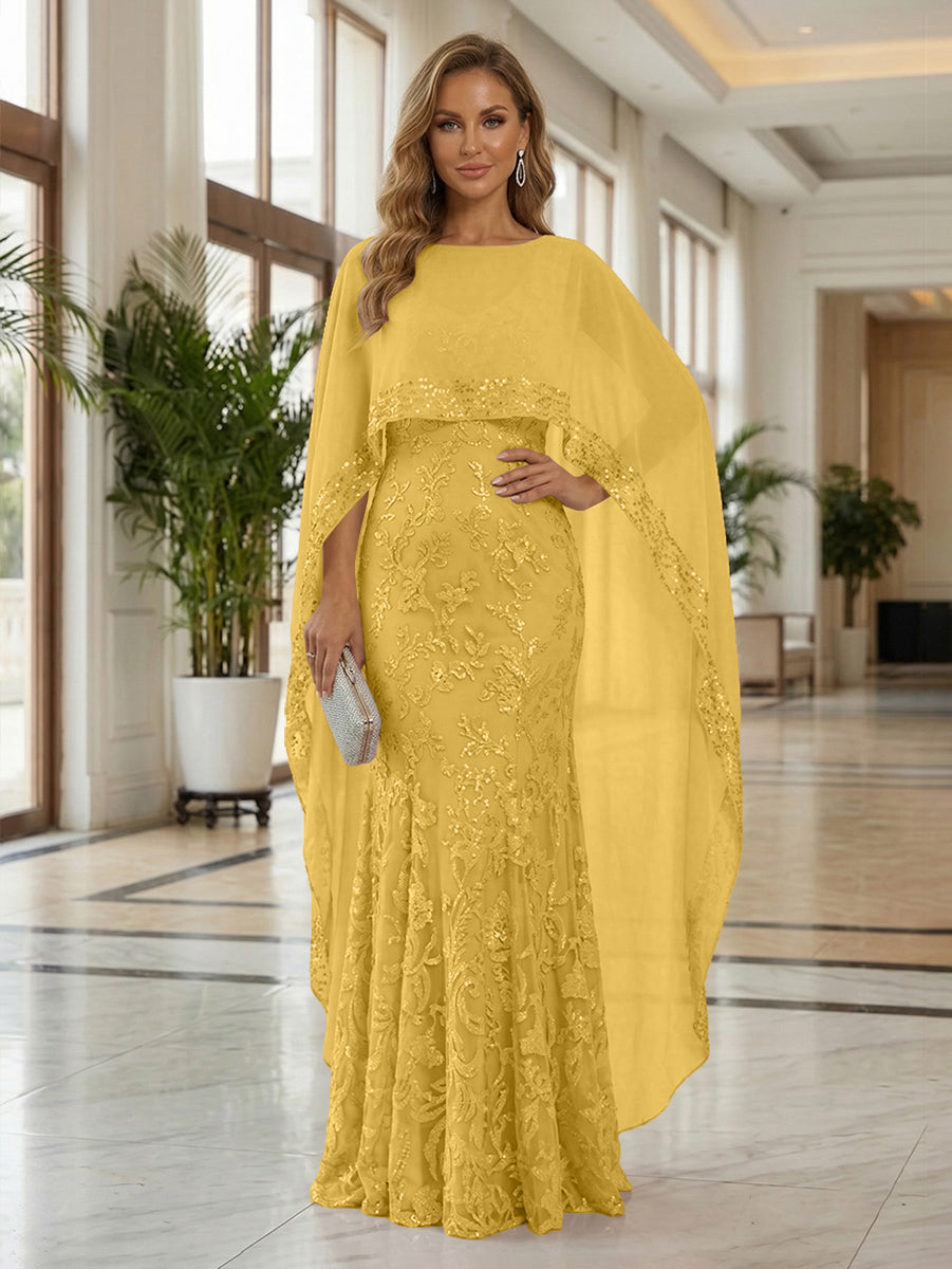 Sheath Tulle Chiffon Cape Sleeves Mother of the Bride & Groom Dresses with Sequin Embellished Lace