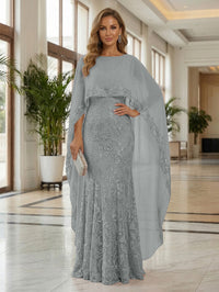 Sheath Tulle Chiffon Cape Sleeves Mother of the Bride & Groom Dresses with Sequin Embellished Lace