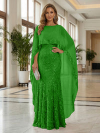 Sheath Tulle Chiffon Cape Sleeves Mother of the Bride & Groom Dresses with Sequin Embellished Lace