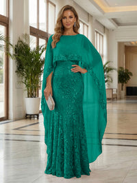 Sheath Tulle Chiffon Cape Sleeves Mother of the Bride & Groom Dresses with Sequin Embellished Lace