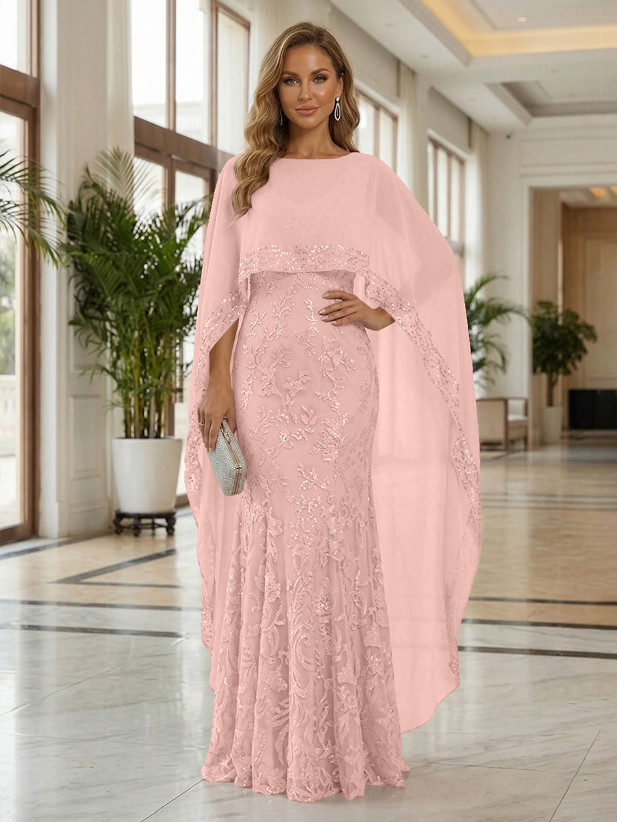 Sheath Tulle Chiffon Cape Sleeves Mother of the Bride & Groom Dresses with Sequin Embellished Lace