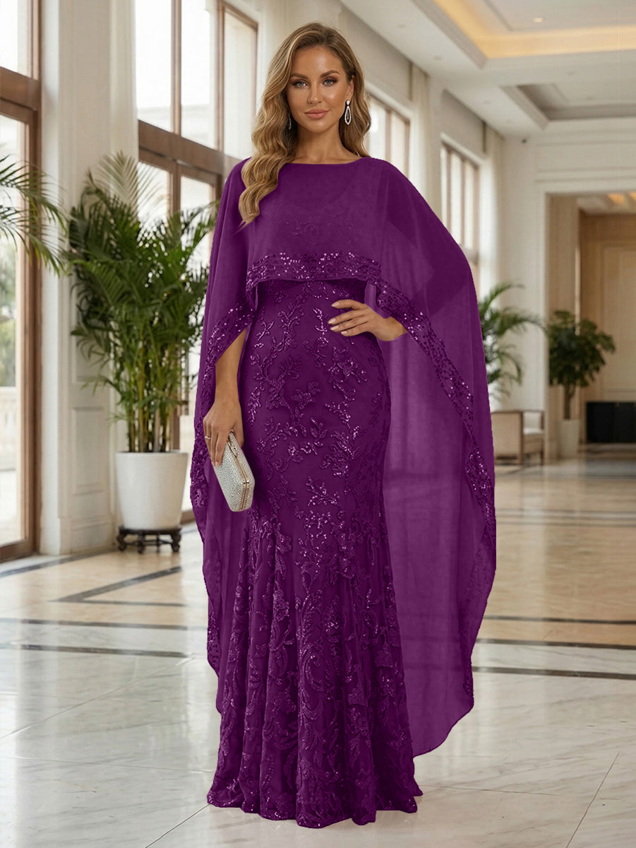 Sheath Tulle Chiffon Cape Sleeves Mother of the Bride & Groom Dresses with Sequin Embellished Lace