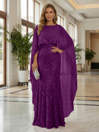 Sheath Tulle Chiffon Cape Sleeves Mother of the Bride & Groom Dresses with Sequin Embellished Lace