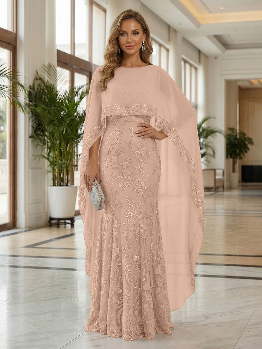 Sheath Tulle Chiffon Cape Sleeves Mother of the Bride & Groom Dresses with Sequin Embellished Lace