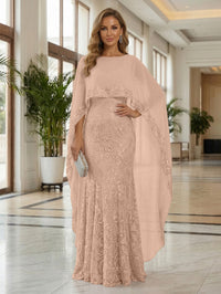 Sheath Tulle Chiffon Cape Sleeves Mother of the Bride & Groom Dresses with Sequin Embellished Lace