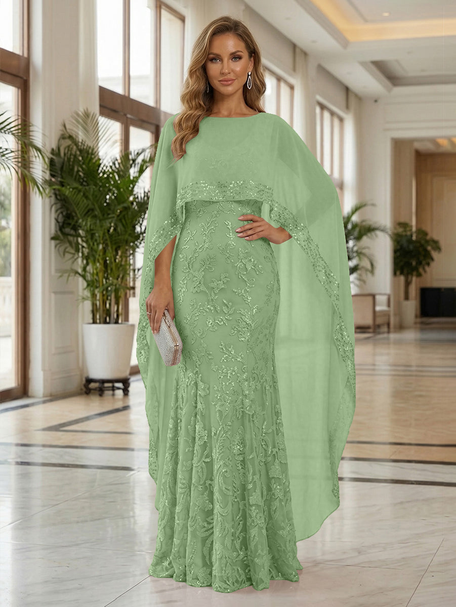 Sheath Tulle Chiffon Cape Sleeves Mother of the Bride & Groom Dresses with Sequin Embellished Lace