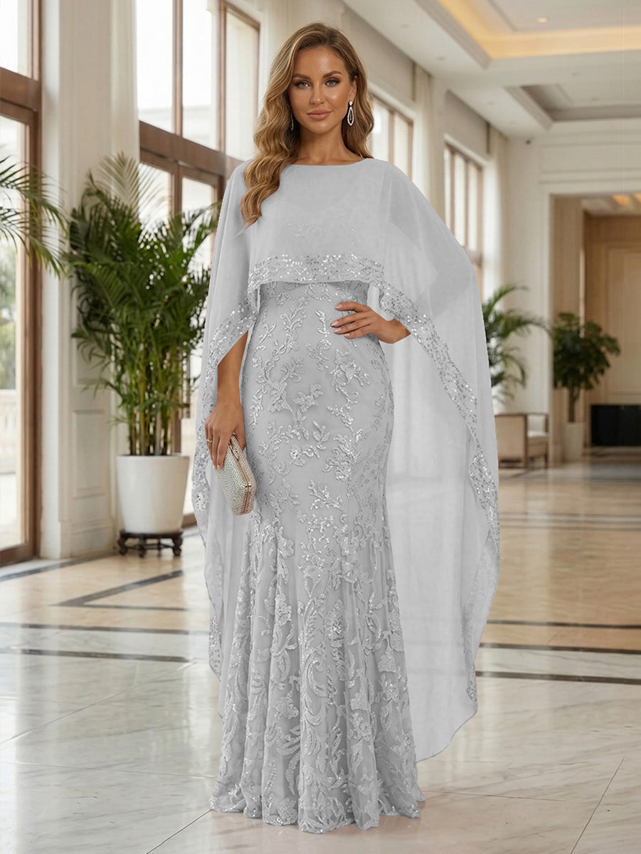 Sheath Tulle Chiffon Cape Sleeves Mother of the Bride & Groom Dresses with Sequin Embellished Lace
