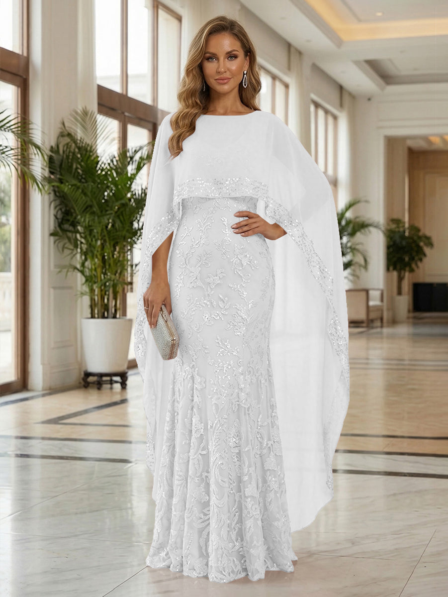 Sheath Tulle Chiffon Cape Sleeves Mother of the Bride & Groom Dresses with Sequin Embellished Lace