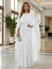 Sheath Tulle Chiffon Cape Sleeves Mother of the Bride & Groom Dresses with Sequin Embellished Lace