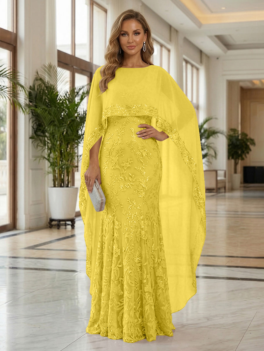 Sheath Tulle Chiffon Cape Sleeves Mother of the Bride & Groom Dresses with Sequin Embellished Lace