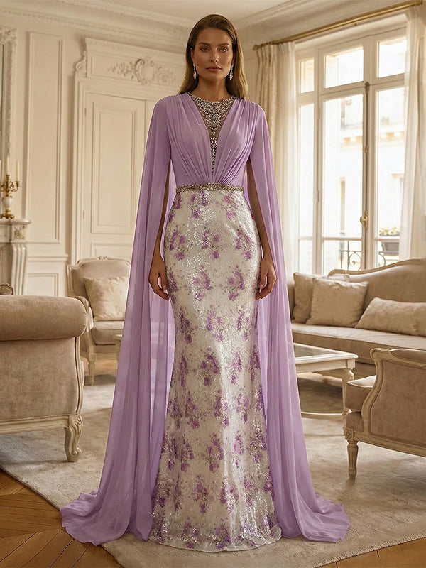 Sheath Floral Sequin Pattern Mother of the Bride & Groom Dresses with Chiffon Cape Overlay & Beaded Waist