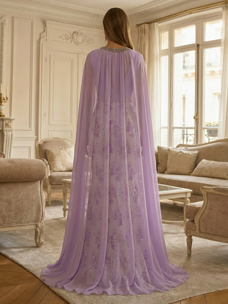 Sheath Floral Sequin Pattern Mother of the Bride & Groom Dresses with Chiffon Cape Overlay & Beaded Waist