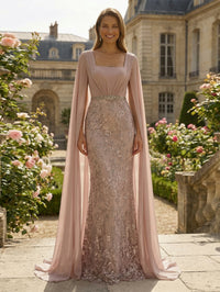 Sheath Floral Sequin Square Neck Long Mother of the Bride & Groom Dresses with Chiffon Cape Overlay & Beaded Waist