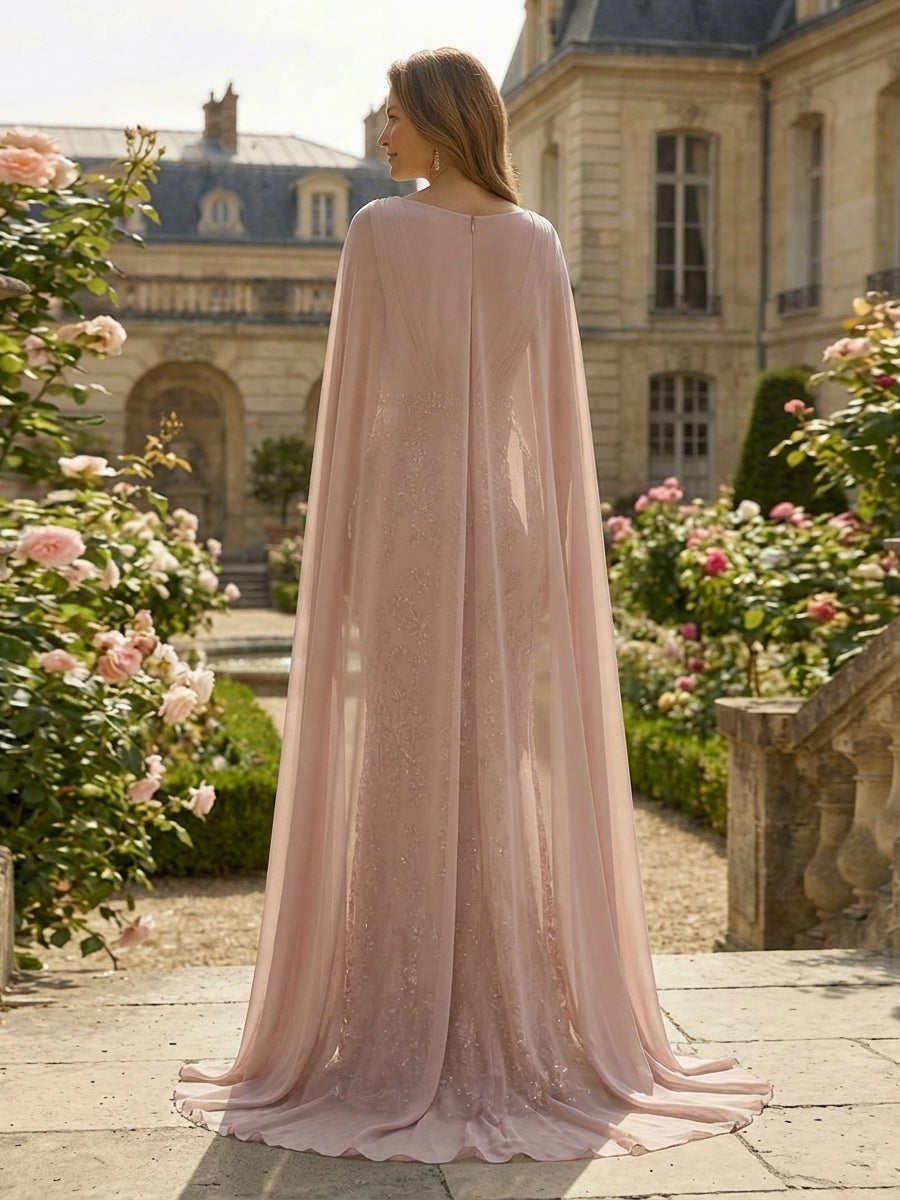Sheath Floral Sequin Square Neck Long Mother of the Bride & Groom Dresses with Chiffon Cape Overlay & Beaded Waist