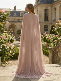 Sheath Floral Sequin Square Neck Long Mother of the Bride & Groom Dresses with Chiffon Cape Overlay & Beaded Waist