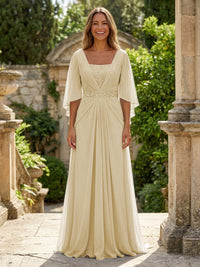 A-Line Chiffon Pleated Long Mother of the Bride & Groom Dresses with 3/4 Flutter Sleeves & Sequin Waist