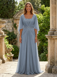 A-Line Chiffon Pleated Long Mother of the Bride & Groom Dresses with 3/4 Flutter Sleeves & Sequin Waist