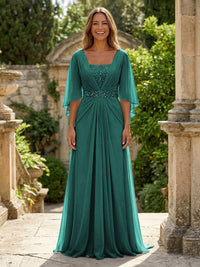 A-Line Chiffon Pleated Long Mother of the Bride & Groom Dresses with 3/4 Flutter Sleeves & Sequin Waist