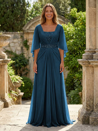 A-Line Chiffon Pleated Long Mother of the Bride & Groom Dresses with 3/4 Flutter Sleeves & Sequin Waist