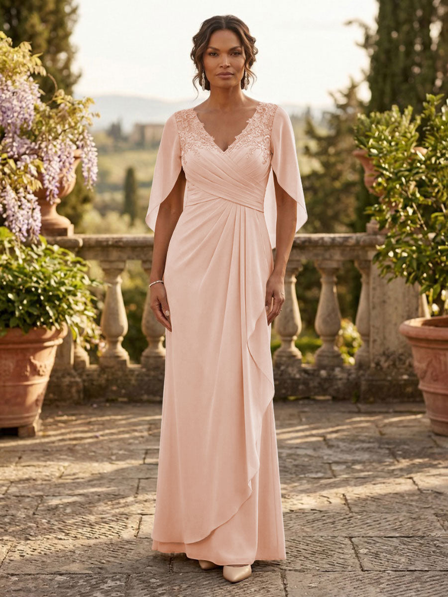 Shirees Dusty Rose A-Line Chiffon Cape Sleeves Floor-Length Mother of the Bride & Groom Dresses with Ruched Waist 2026