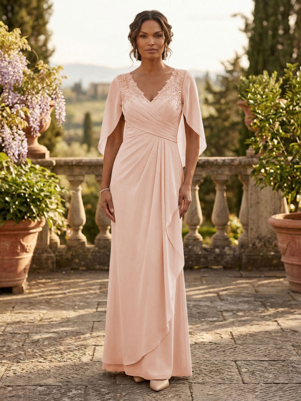 A-Line Chiffon Cape Sleeves Floor-Length Mother of the Bride & Groom Dresses with Ruched Waist