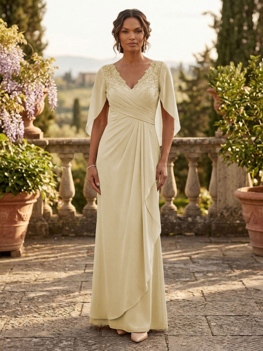 A-Line Chiffon Cape Sleeves Floor-Length Mother of the Bride & Groom Dresses with Ruched Waist