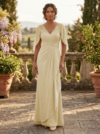 A-Line Chiffon Cape Sleeves Floor-Length Mother of the Bride & Groom Dresses with Ruched Waist