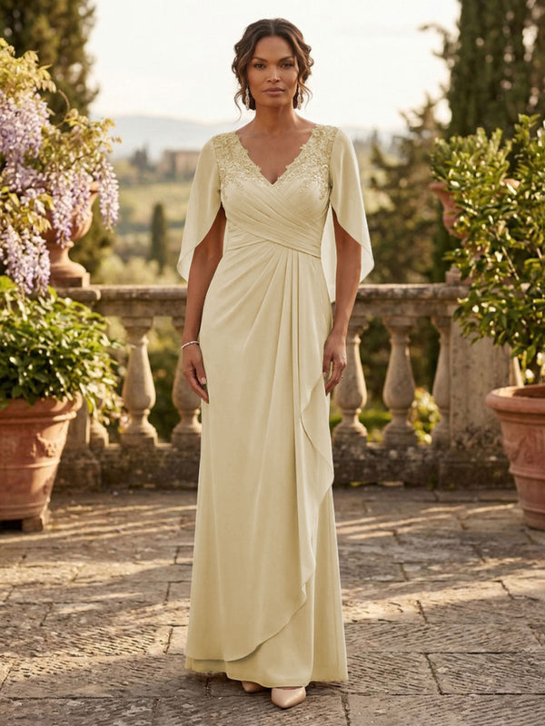 A-Line Chiffon Cape Sleeves Floor-Length Mother of the Bride & Groom Dresses with Ruched Waist