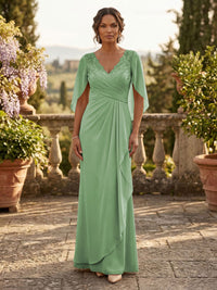 A-Line Chiffon Cape Sleeves Floor-Length Mother of the Bride & Groom Dresses with Ruched Waist