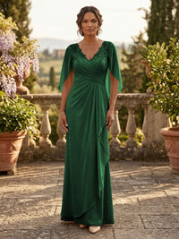 A-Line Chiffon Cape Sleeves Floor-Length Mother of the Bride & Groom Dresses with Ruched Waist