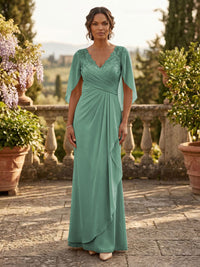 A-Line Chiffon Cape Sleeves Floor-Length Mother of the Bride & Groom Dresses with Ruched Waist