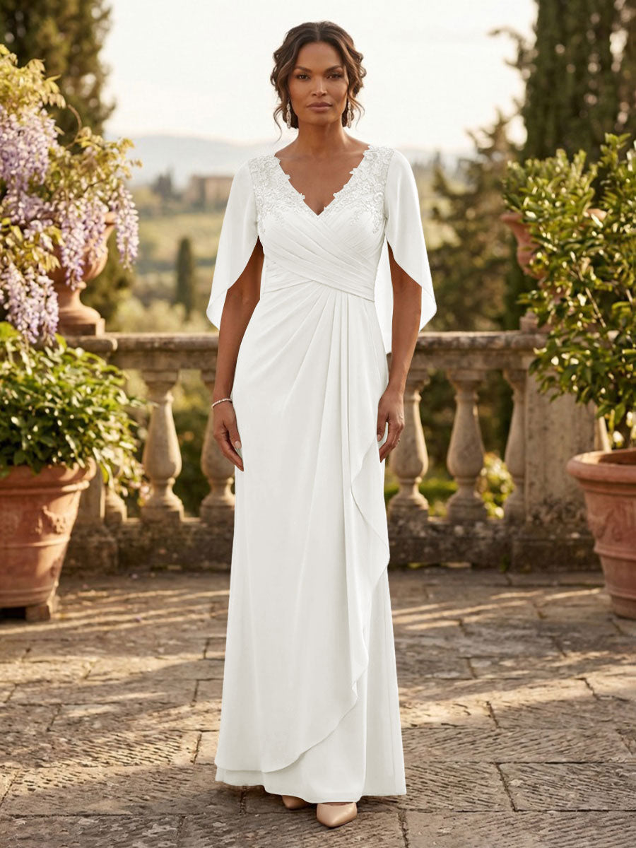 ivory mother of the bride dresses & Groom & Attire| Dillard's Floor Length A-Line Chiffon Cape Sleeves Floor-Length