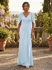 A-Line Chiffon Cape Sleeves Floor-Length Mother of the Bride & Groom Dresses with Ruched Waist