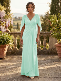 A-Line Chiffon Cape Sleeves Floor-Length Mother of the Bride & Groom Dresses with Ruched Waist