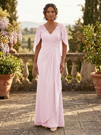 A-Line Chiffon Cape Sleeves Floor-Length Mother of the Bride & Groom Dresses with Ruched Waist
